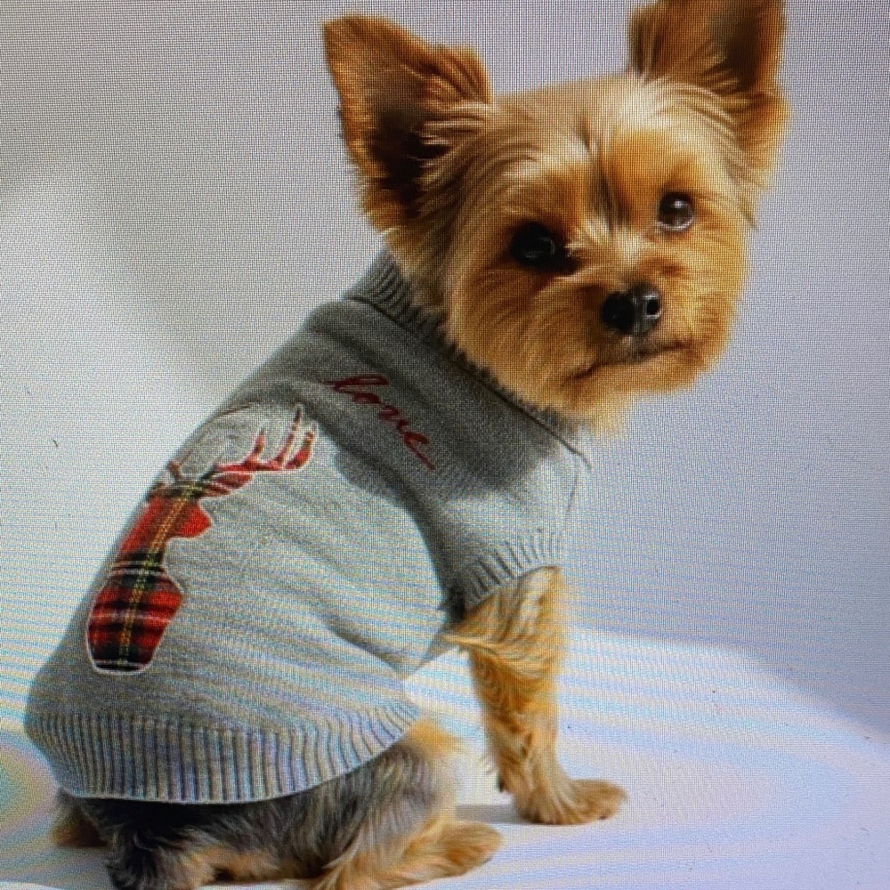 Gray Plaid Reindeer Knit Dog Sweater - Small Breed